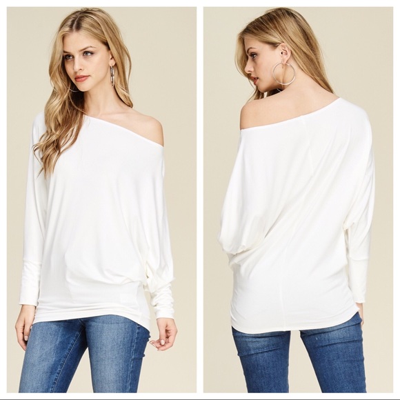Slouchy Off Shoulder Dolman Top - Off White - Picture 2 of 6